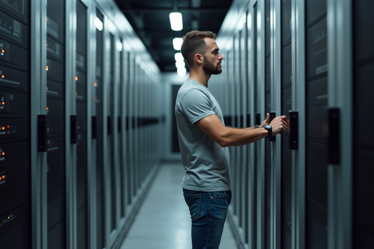 Jeune homme verrouillant une porte dans un centre de données