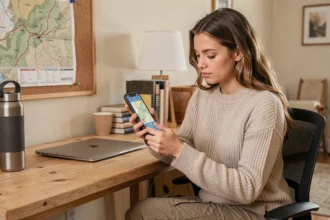 Femme consultant une carte GPX importée sur Google Maps hors connexion depuis son smartphone au bureau
