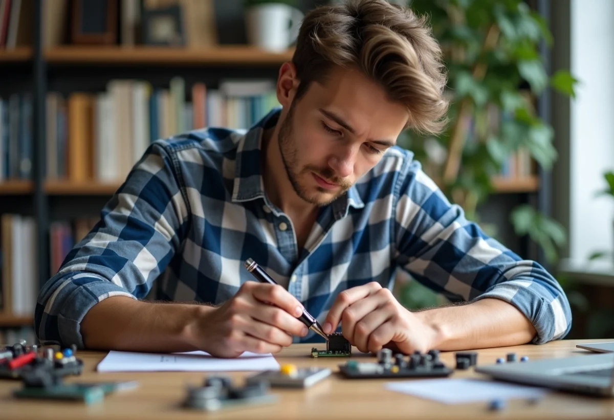 Jeune homme ingénieur insérant une carte dans un appareil connecté