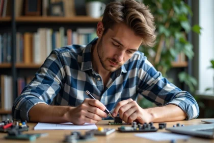 Jeune homme ingénieur insérant une carte dans un appareil connecté