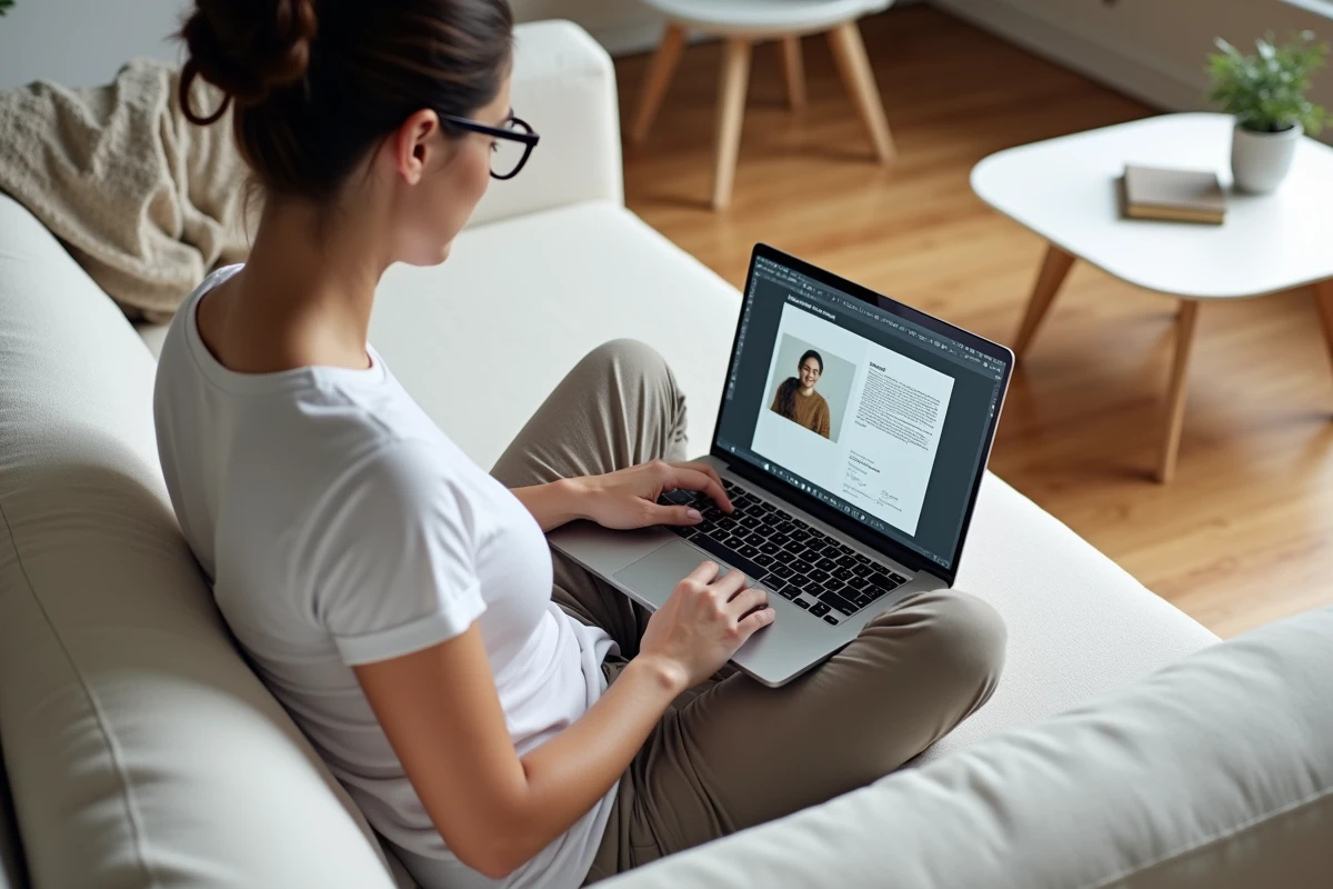 Jeune femme insérant une photo dans un document PDF sur un ordinateur portable dans un salon scandinave minimaliste