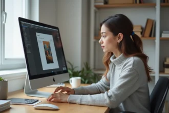 Femme en train d'insérer et repositionner une photo dans un PDF sur un ordinateur iMac dans un bureau moderne