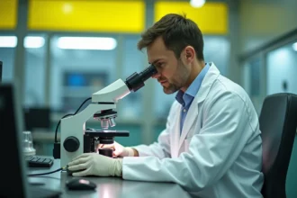Ingénieur en microélectronique inspectant une plaquette semi-conducteur sous microscope dans une salle blanche pour détecter des défauts under bump metal