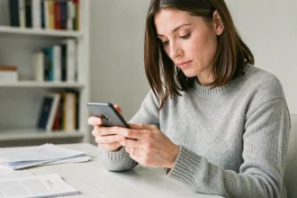 Femme inspectant un smartphone reconditionné pour vérifier son état avant achat