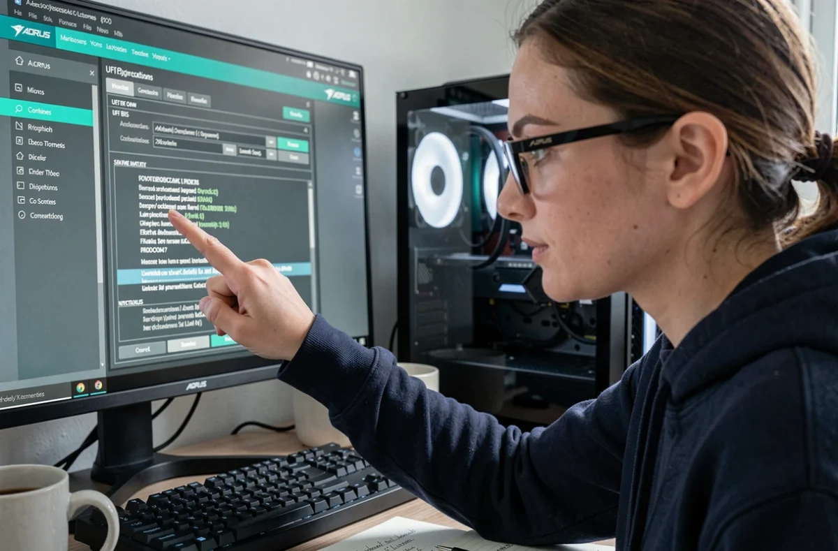 Femme examinant les paramètres du BIOS UEFI AORUS sur un grand écran de bureau pour résoudre un problème d'accès au démarrage