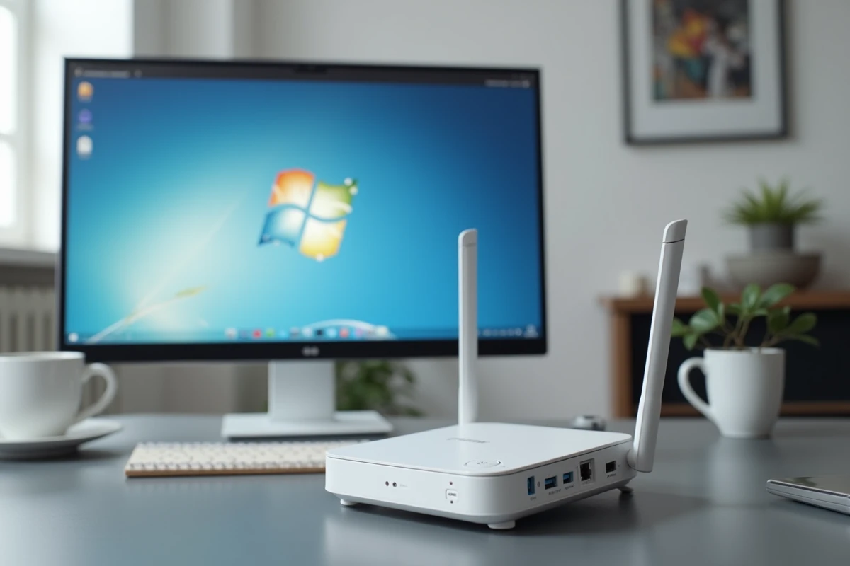 Gros plan sur l'interface de connexion mafreebox.freebox.fr affichée sur écran avec routeur Freebox au premier plan