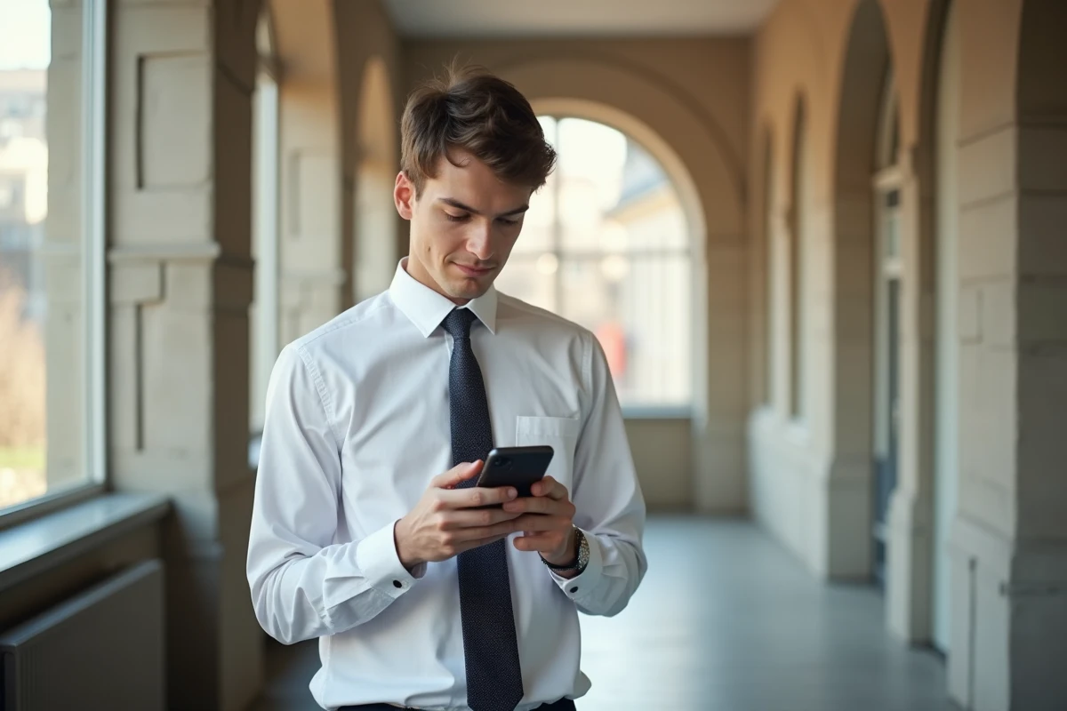 Jeune agent administratif vérifiant ses mails avec smartphone