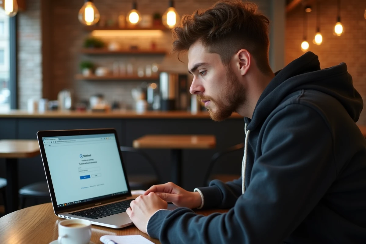 Jeune personne consultant un guide de dépannage pour résoudre un problème de connexion webmail depuis un café urbain