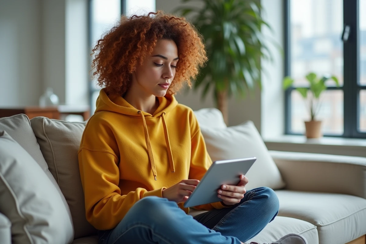 Jeune femme consultant et gérant son activité Google sur tablette depuis son salon