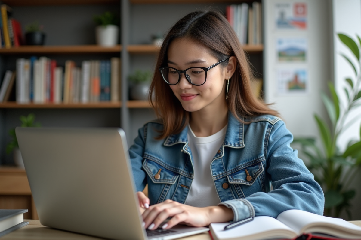 Jeune femme en denim et lunettes travaillant sur un ordinateur dans un bureau cosy