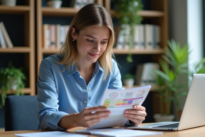 Jeune femme en bureau examine flyers colorés pour {titre}