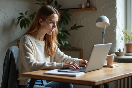 Jeune femme concentrée sur son ordinateur dans un bureau cosy