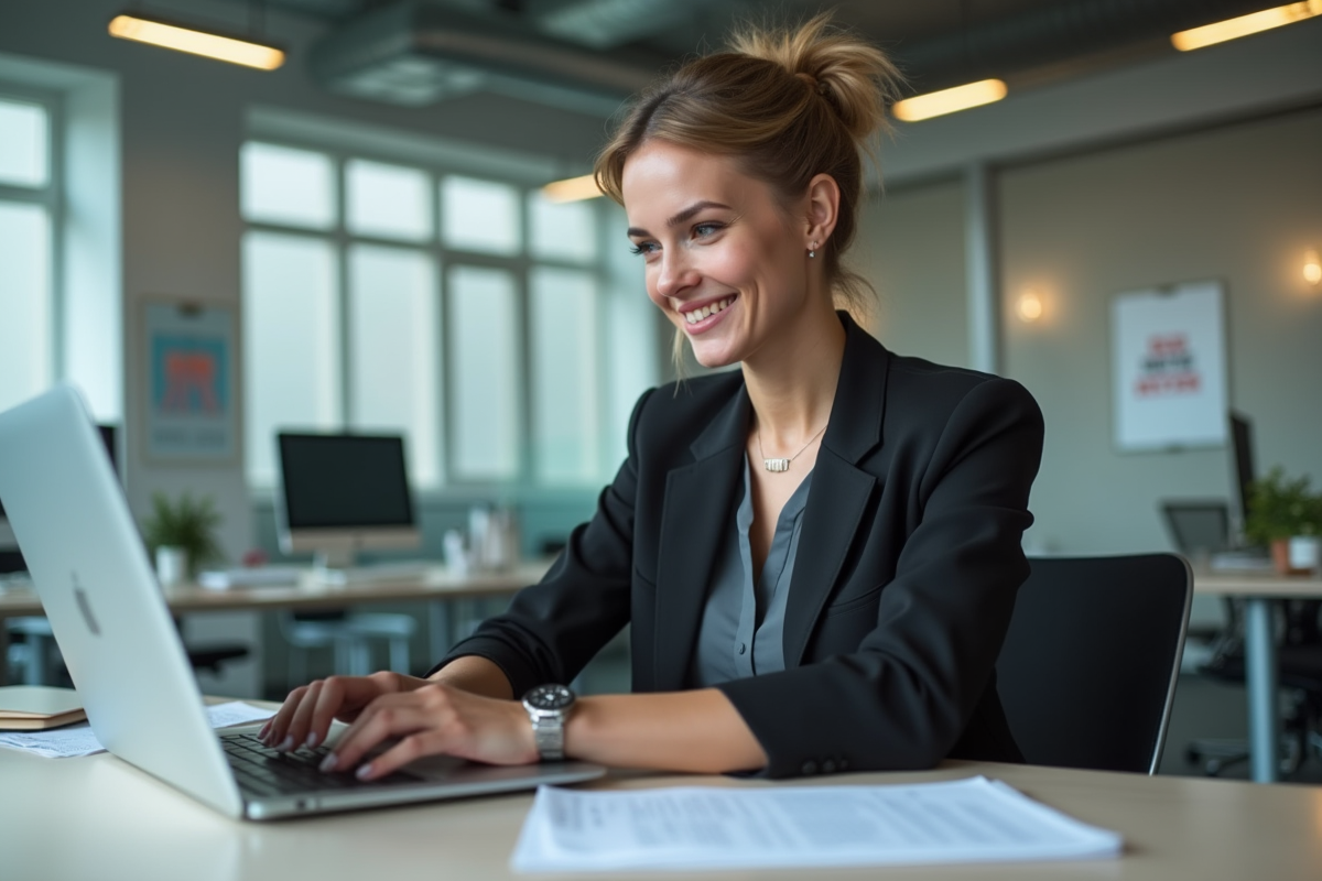 Jeune femme professionnelle travaillant sur son ordinateur dans un bureau moderne