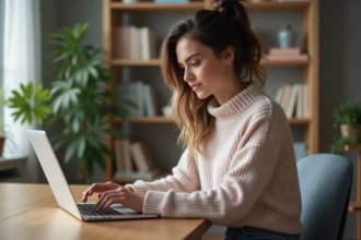 Jeune femme au bureau regardant un site de conversion musicale