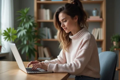 Jeune femme au bureau regardant un site de conversion musicale