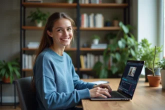 Jeune femme souriante utilisant un ordinateur dans un bureau moderne