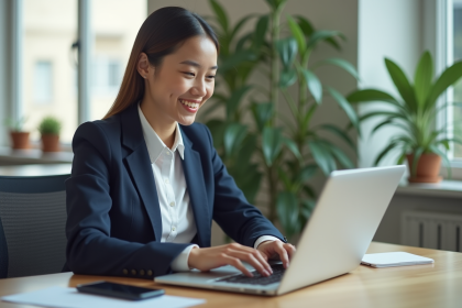 Jeune femme professionnelle souriante au bureau avec ordinateur portable