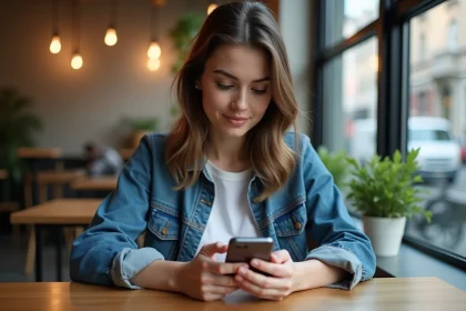 Jeune femme en denim et t-shirt blanc utilisant son smartphone dans un café