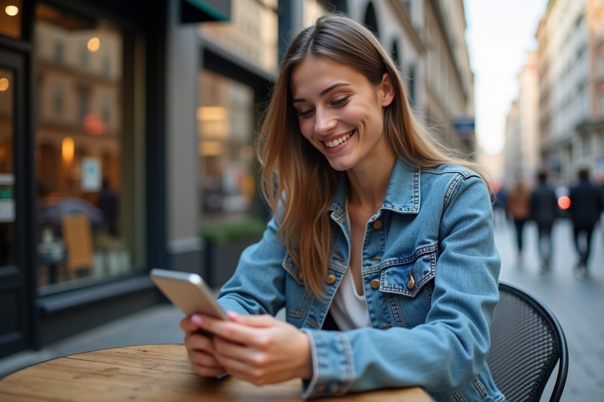 Jeune femme souriante avec smartphone en café urbain