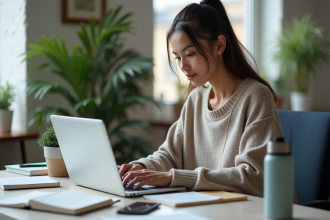 Jeune femme concentrée en coding dans un espace coworking