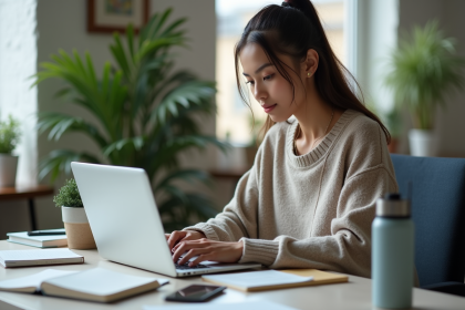 Jeune femme concentrée en coding dans un espace coworking