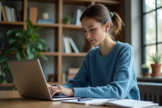 Jeune femme en sweater bleu configure ses emails sur un ordinateur