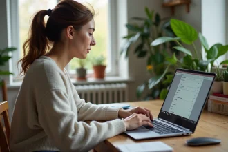 Jeune femme concentrée sur son Chromebook dans un appartement lumineux