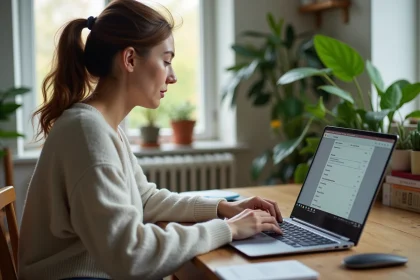 Jeune femme concentrée sur son Chromebook dans un appartement lumineux