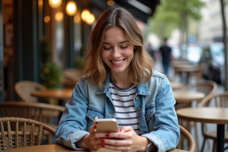 Jeune femme souriante vérifiant son smartphone dans un café parisien