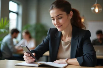 Jeune femme professionnelle utilisant son smartphone dans un espace coworking