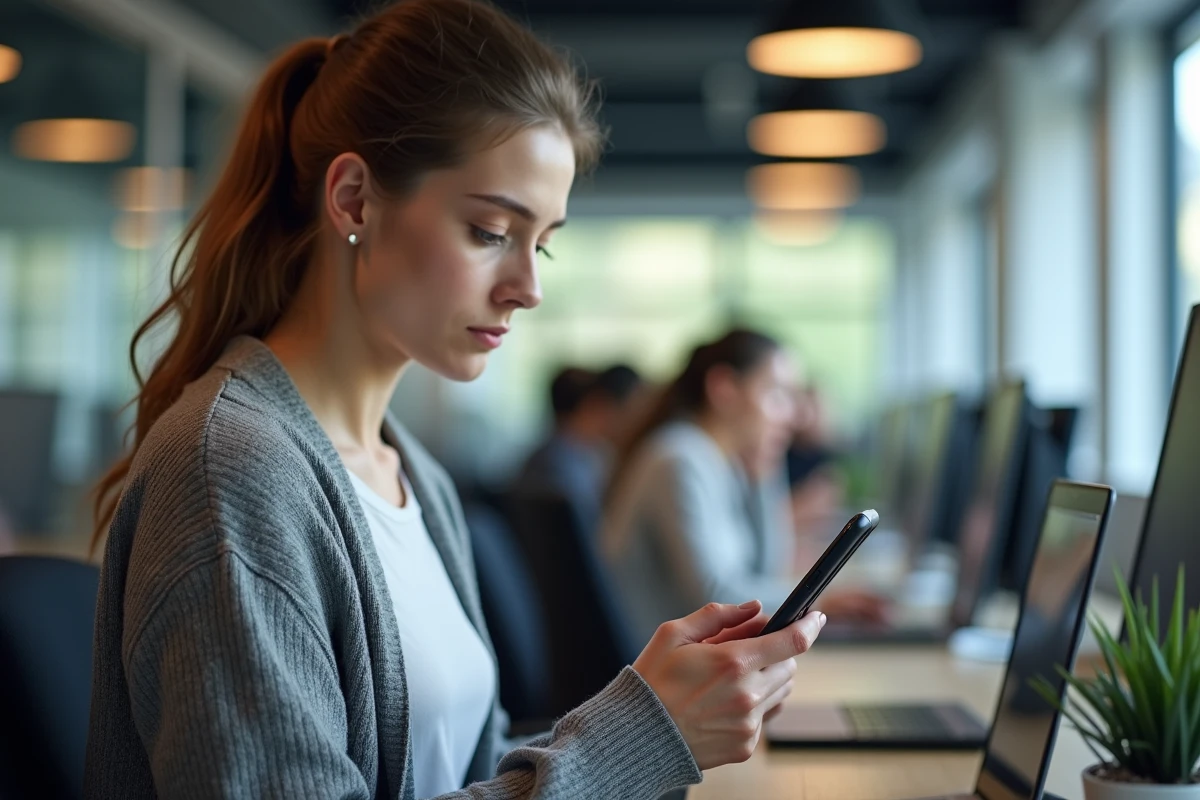 Jeune femme impatiente utilisant son smartphone au bureau