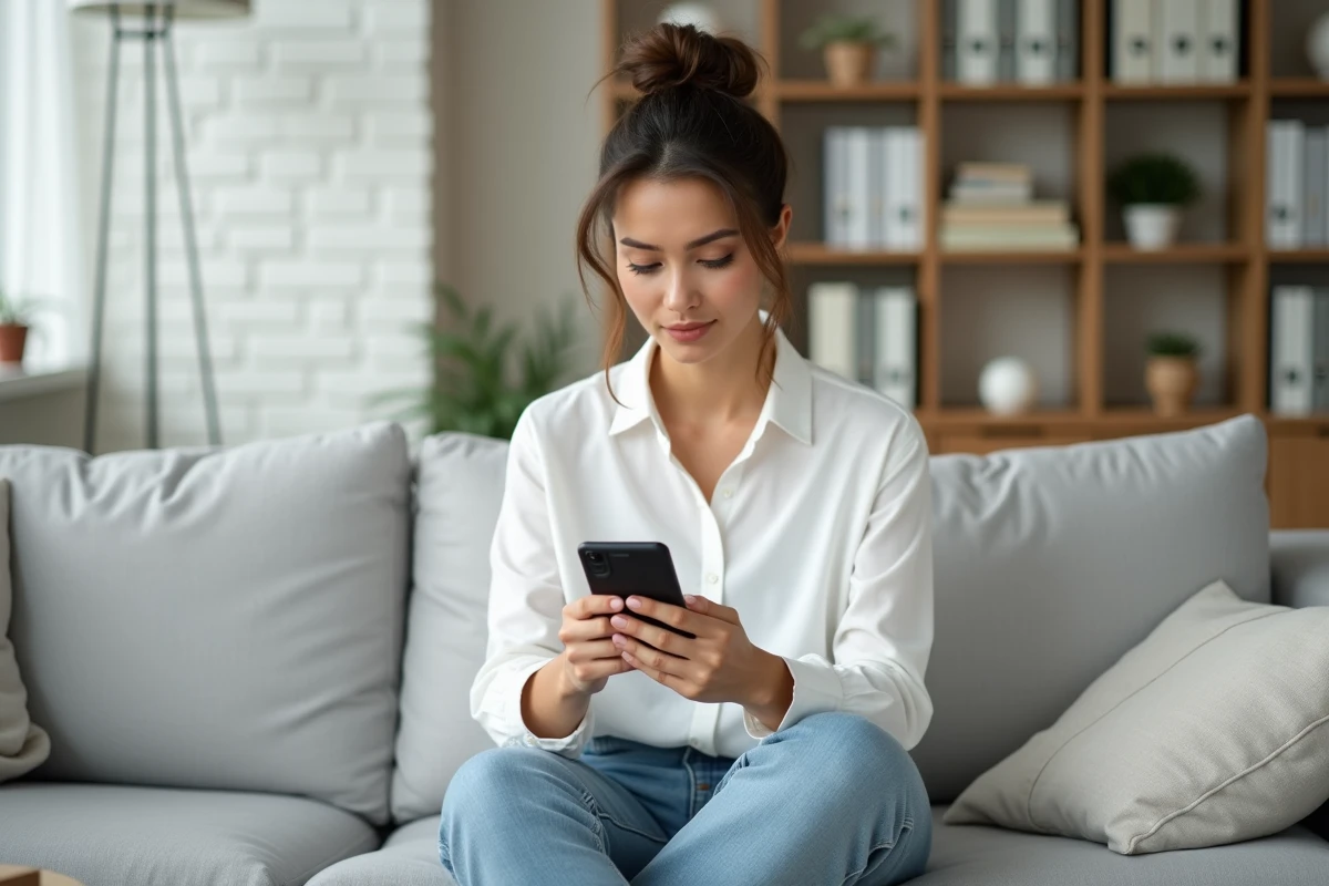 Jeune femme vérifiant ses données personnelles sur l'application MyPrimobox depuis son canapé