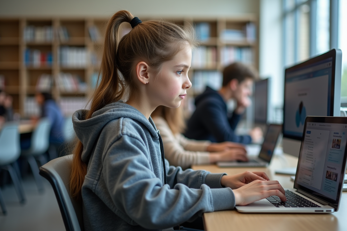 Jeune fille en hoodie étudiant sur un ordinateur dans une médiathèque
