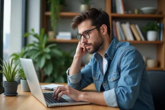 Jeune homme en denim travaillant sur un ordinateur dans un bureau cosy