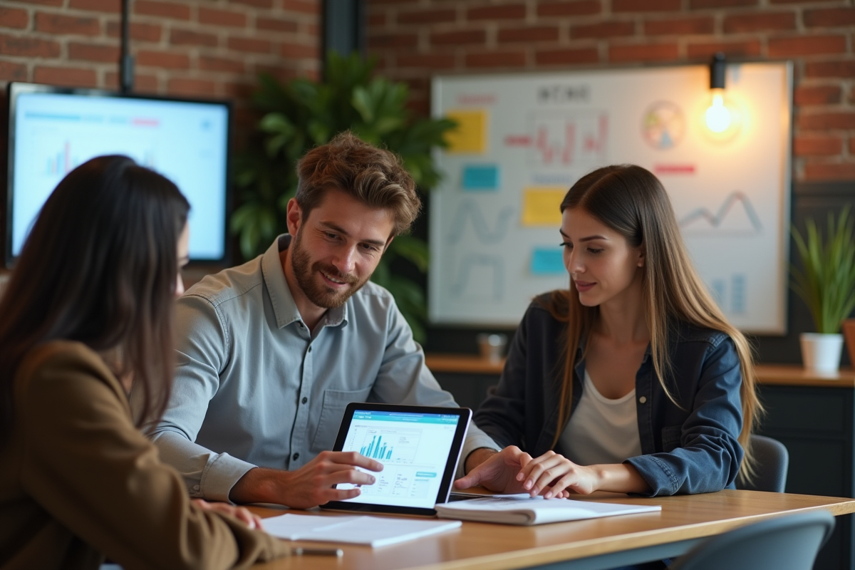Jeune homme montrant des graphiques interactifs à ses collègues