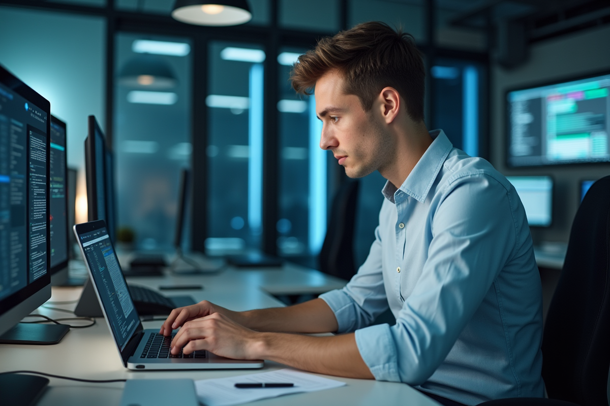Jeune homme en bureau travaillant sur son ordinateur pour la cybersécurité