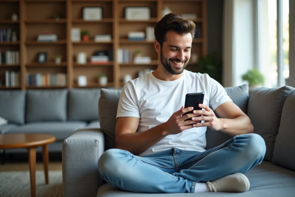 Jeune homme naviguant sur son espace client Orange mobile depuis son salon