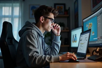 Jeune homme concentré sur son ordinateur en gaming