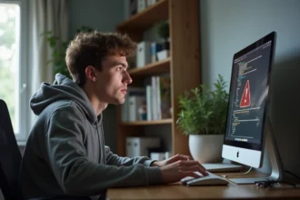 Jeune homme frustré devant son ordinateur en home office