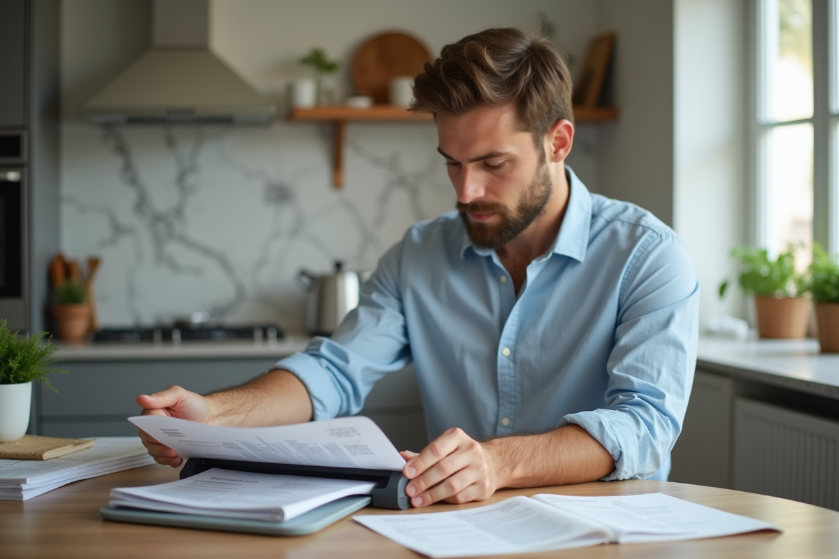 Jeune homme scannant des reçus dans une cuisine lumineuse