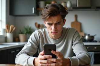 Jeune homme frustré avec smartphone dans la cuisine