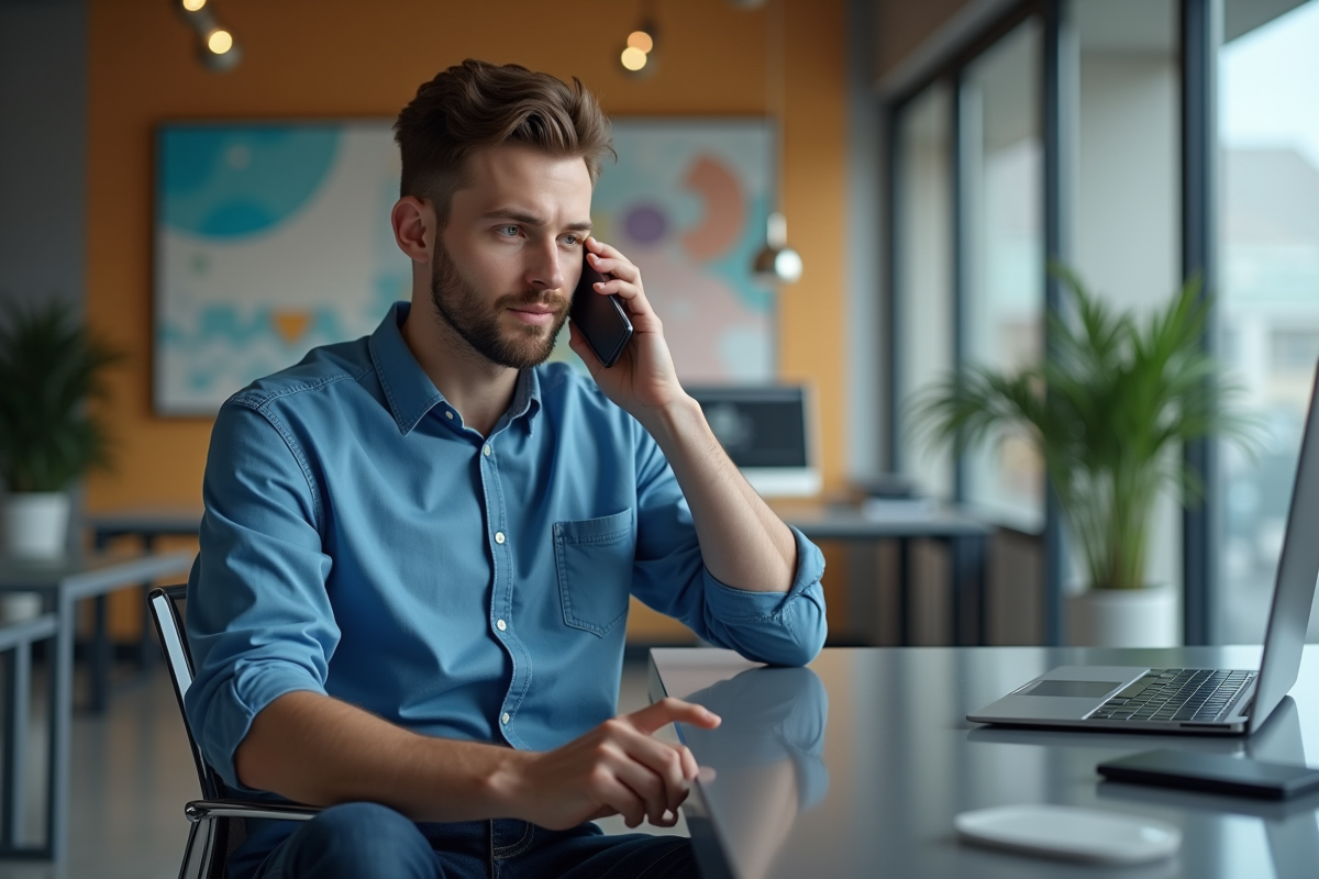 Jeune homme utilisant la reconnaissance faciale sur son smartphone dans un bureau