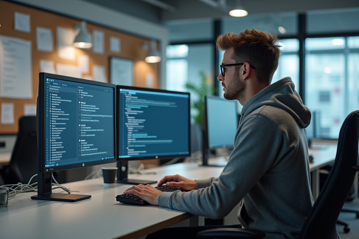 Jeune homme vérifiant ses emails dans un espace de coworking
