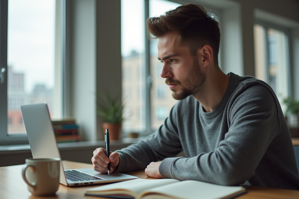 Jeune homme pensif utilisant un ordinateur portable dans un appartement urbain