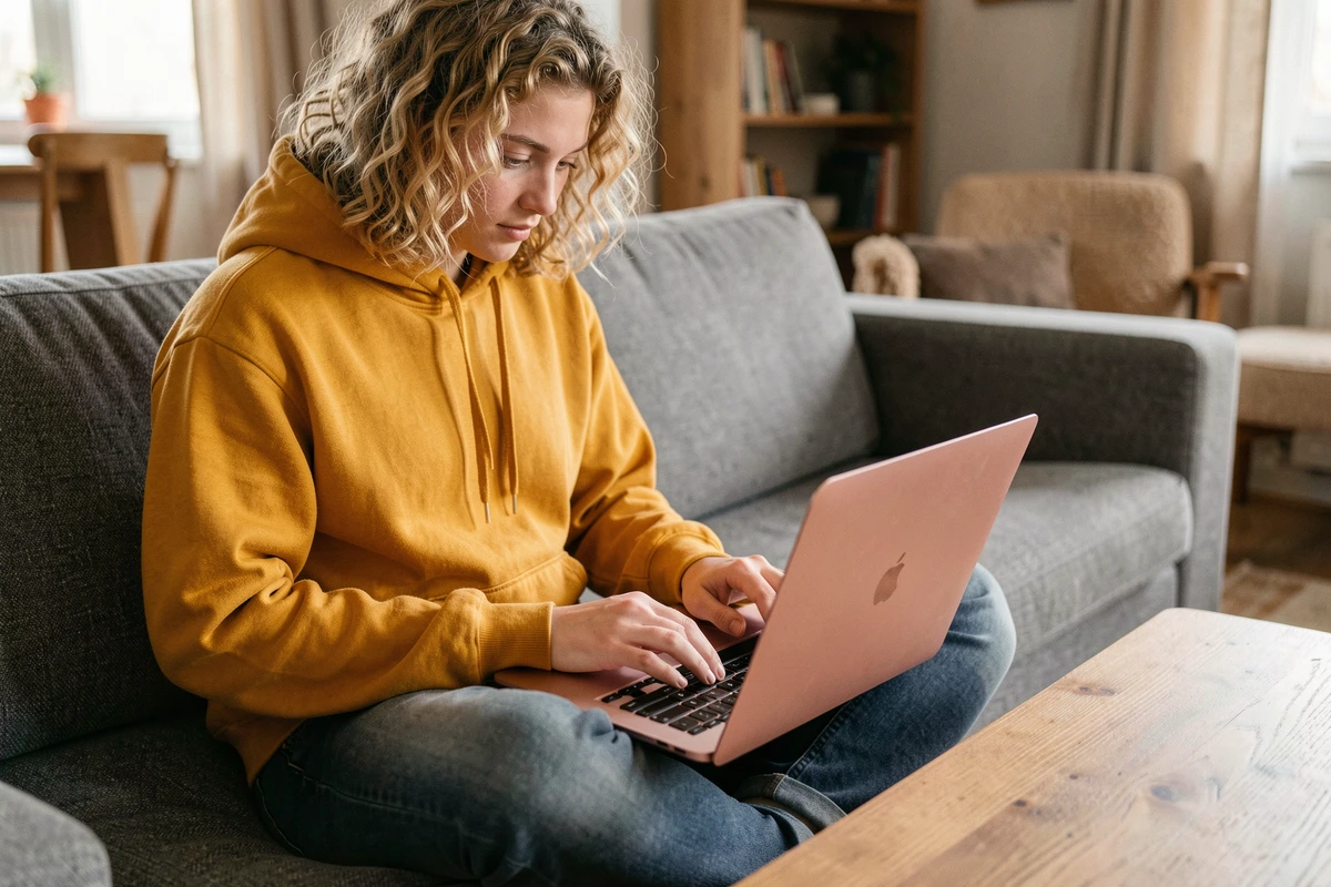 Jeune personne sur un canapé utilisant un MacBook Air avec un clavier AZERTY pour écrire un point d'exclamation
