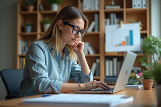 Jeune femme marketeuse digitale travaillant sur son ordinateur dans un bureau lumineux