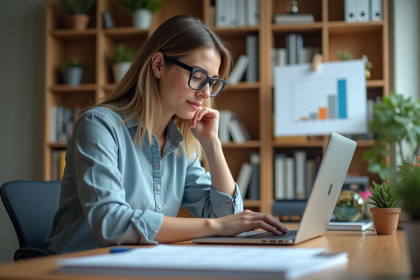 Jeune femme marketeuse digitale travaillant sur son ordinateur dans un bureau lumineux