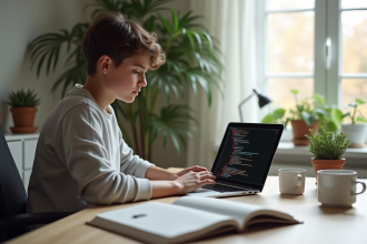 Jeune personne travaillant sur un ordinateur dans un bureau lumineux