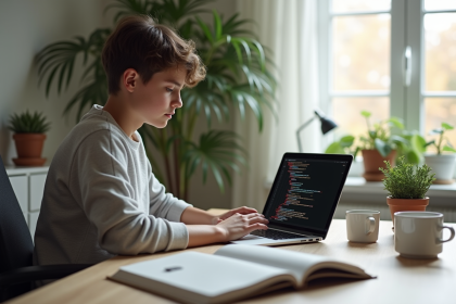 Jeune personne travaillant sur un ordinateur dans un bureau lumineux
