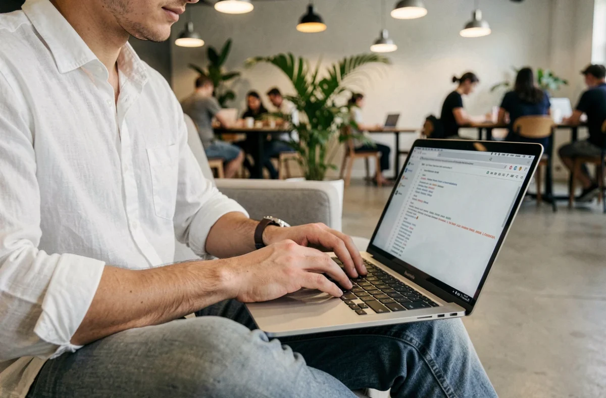 Jeune professionnel en espace de coworking appuyant sur le raccourci clavier Ctrl Y pour revenir en avant dans un éditeur de texte